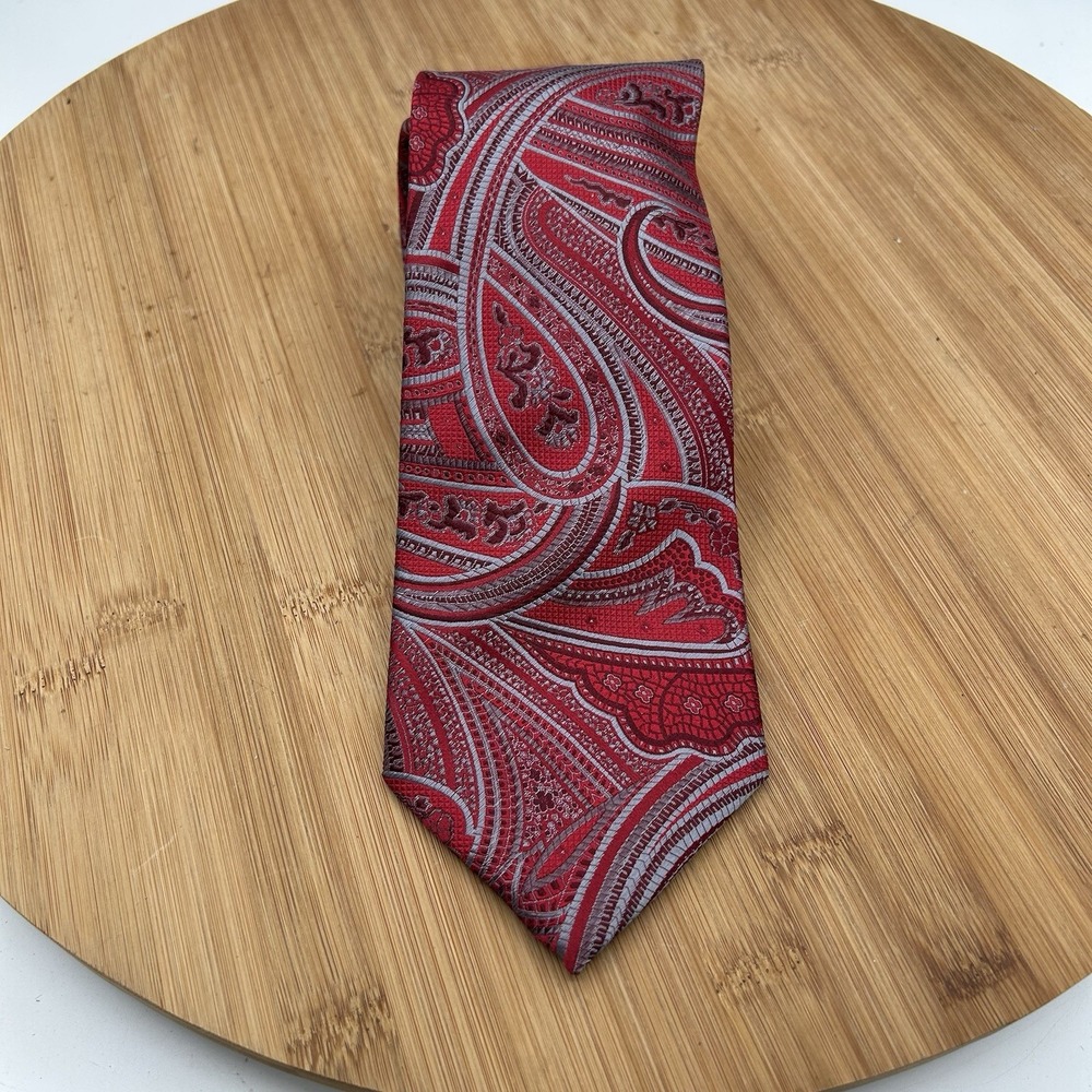 Tasso Elba  Men's 100% Silk Tie ~ Red ~Blue Metallic Paisley Pattern  Hand Made!